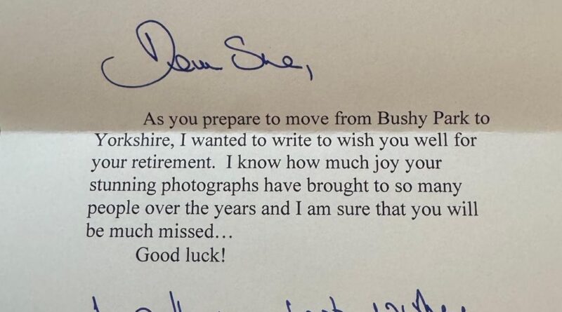 BUSHY PARK’S ‘PHOTO QUEEN’ RECEIVES LETTER FROM…….HER MAJESTY THE QUEEN